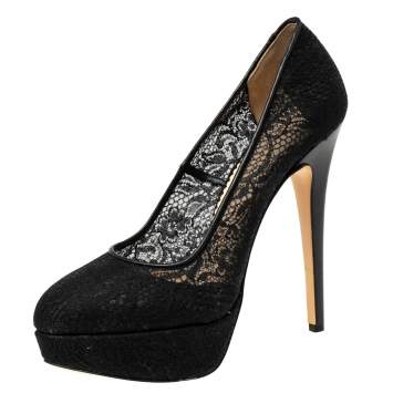 Pre Owned Charlotte Olympia Black Lace Dolly Platform  Pumps Size 41