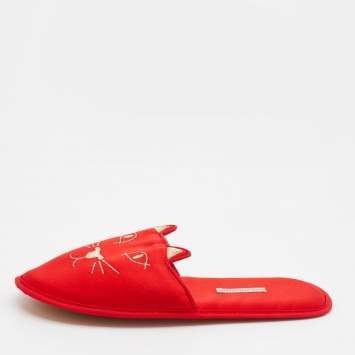 Pre Owned Charlotte Olympia Red Satin Kitty Slipper Flats Size XS 38