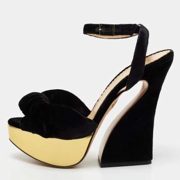 Pre Owned Charlotte Olympia Black Velvet Vreeland Platform Sandals Size 39
