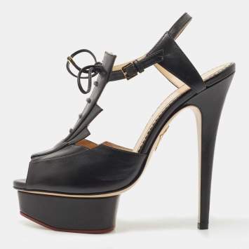 Pre Owned Charlotte Olympia Black Leather Peep Toe Platform Ankle Strap Sandals Size 39
