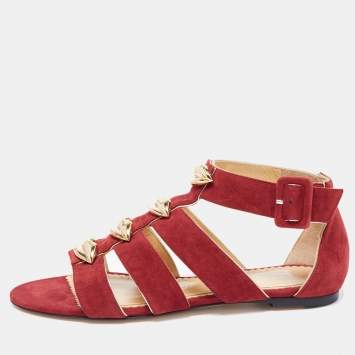 Pre Owned Charlotte Olympia Garnet Red Suede One More Kiss Flat Gladiator Flat Sandals Size 36