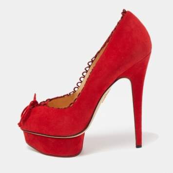 Pre Owned Charlotte Olympia Red Suede Daphne Scalloped Trim Peep Toe Platform Pumps Size 40