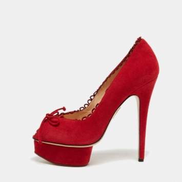 Pre Owned Charlotte Olympia Red Suede Daphne Scalloped Trim Peep Toe Platform Pumps Size 40.5