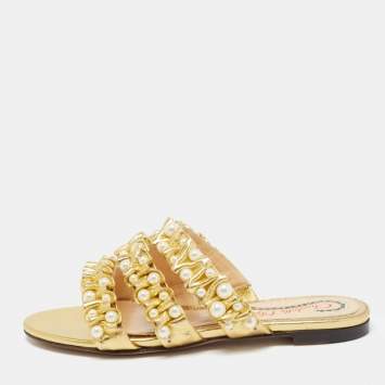 Pre Owned Charlotte Olympia Gold Pleated Leather Pearl Embellished Flats Size 35