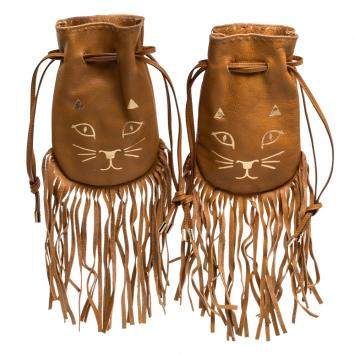 Pre Owned Charlotte Olympia Brown Leather Fringe Kitty Set of 2 Pochette 