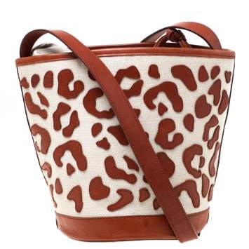 Pre Owned Charlotte Olympia Brown/Beige Canvas and Leather Empire Bucket Bag