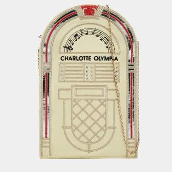 Pre Owned Charlotte Olympia Cream Patent Leather Embroidered Chain Clutch