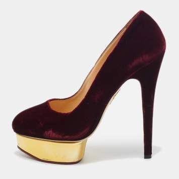Pre Owned Charlotte Olympia Burgundy Velvet and Leather Dolly Pumps Size 40
