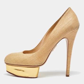 Pre Owned Charlotte Olympia Beige/Gold Raffia and Leather Dolly Platform Pumps Size 41