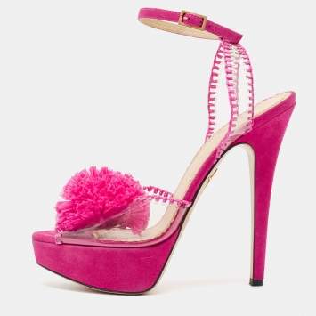 Pre Owned Charlotte Olympia Pink PVC and Suede Pomeline Ankle Strap Sandals Size 37.5