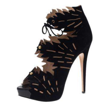 Pre Owned Charlotte Olympia Black Suede Eve Leaf Cutout Ankle Booties Size 40.5