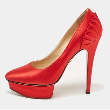 Pre Owned Charlotte Olympia Red Satin Paloma Platform Pumps Size 37.5