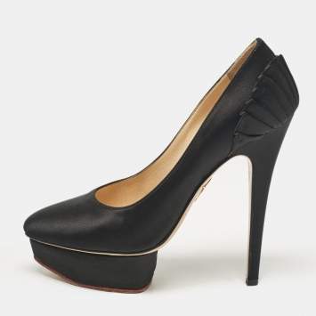 Pre Owned Charlotte Olympia Black Satin Paloma Platform Pumps Size 37.5