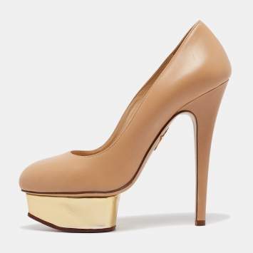 Pre Owned Charlotte Olympia Beige Leather Dolly Platform Pumps Size 37.5