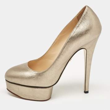 Pre Owned Charlotte Olympia Metallic Leather Dolly Platform Pumps Size 38