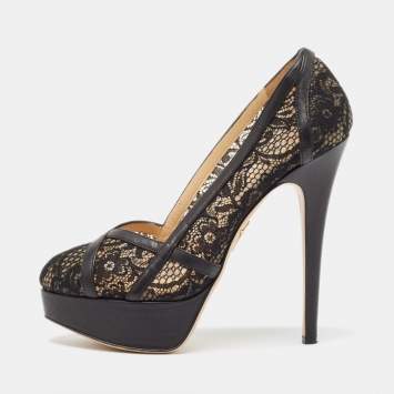 Pre Owned Charlotte Olympia Black Lace and Leather Platform Pumps Size 38