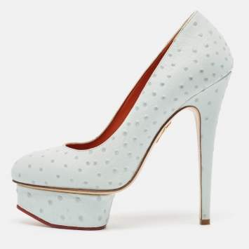 Pre Owned Charlotte Olympia Light Blue Ostrich Embossed Leather Dolly Platform Pumps Size 38