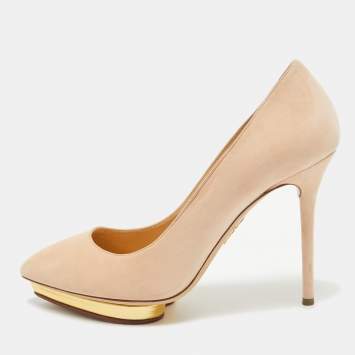 Pre Owned Charlotte Olympia Beige Suede Dotty Platform Pumps Size 38.5