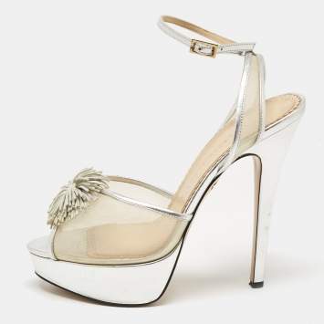 Pre Owned Charlotte Olympia Silver Leather and Mesh Pomeline Platform Sandals Size 38.5