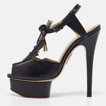 Pre Owned Charlotte Olympia Black Leather Ankle Strap Sandals Size 35