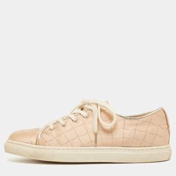 Pre Owned Charlotte Olympia Beige Leather and Satin Lace Up Sneakers Size 36