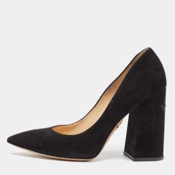 Pre Owned Charlotte Olympia Black Suede Block Heel Pumps Size 39