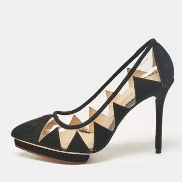 Pre Owned Charlotte Olympia Black PVC and Suede Platform Pumps Size 37.5