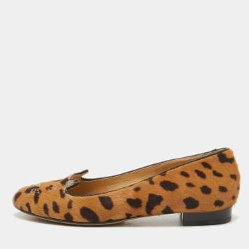Pre Owned Charlotte Olympia Brown Leopard Print Calf Hair Cat Ballet Flats Size 38