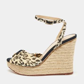 Pre Owned Charlotte Olympia Beige/Black Fabric Wedge Espadrille Sandals Size 38