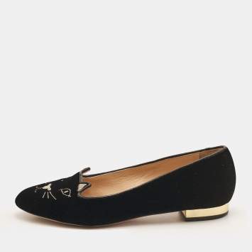 Pre Owned Charlotte Olympia Black Velvet Embroidered Kitty Ballet Flats Size 38.5