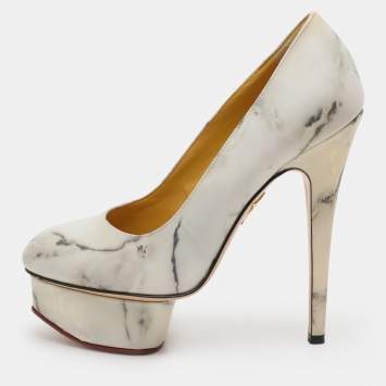 Charlotte Olympia White/Grey Marble-Print Leather Dolly Pumps Size 36