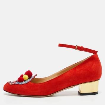 Pre Owned Charlotte Olympia Red Suede Peking Anke Strap Pumps Size 36.5