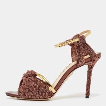 Pre Owned Charlotte Olympia Metallic Leather and Lurex Fabric Ankle Strap Sandals Size 38.5