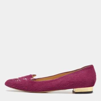 Pre Owned Charlotte Olympia Pink Calf Hair Knot A Kitty Ballet Flats Size 39
