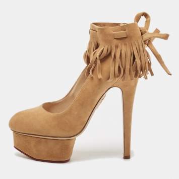 Pre Owned Charlotte Olympia Beige Suede Dolly Platform Pumps Size 34