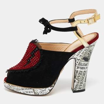Pre Owned Charlotte Olympia Red/Gold Suede And Leather Love Ankle Strap Sandals Size 39