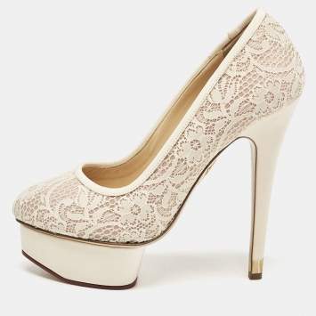Pre Owned Charlotte Olympia Beige Lace and Fabric Polly Platform Pumps Size 37