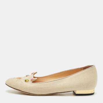 Charlotte Olympia Light Gold Fabric Kitty Crystals Ballet Flats Size 37.5