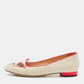 Charlotte Olympia Beige Canvas Smoking Slippers Size 38