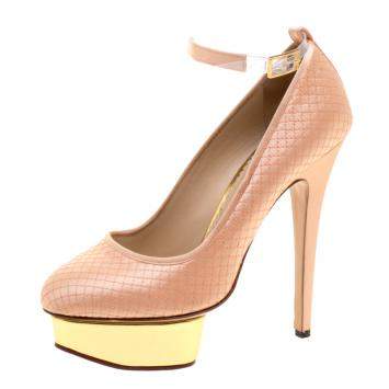 Pre Owned Charlotte Olympia Peach Quilted Satin Dolores Ankle Strap Platform Pumps Size 39