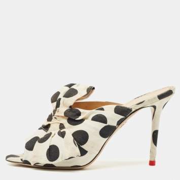 Pre Owned Charlotte Olympia White/Black Polka Canvas Bow Slide Sandals Size 40.5