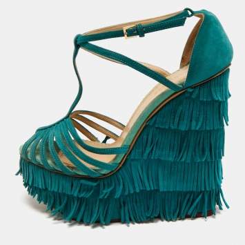 Pre Owned Charlotte Olympia Blue Suede Winona Fringe Wedge Sandals Size 39