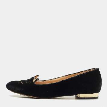 Pre Owned Charlotte Olympia Navy Blue Velvet Kitty Ballet Flats Size 36.5