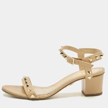 Pre Owned Charlotte Olympia Tan Leather Spike Embellished Ankle Strap Sandals Size 37