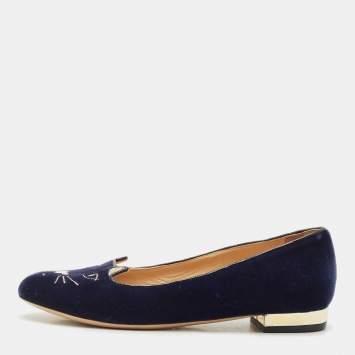 Charlotte Olympia Navy Blue Fabric Kitty Smoking Slippers Size 36.5