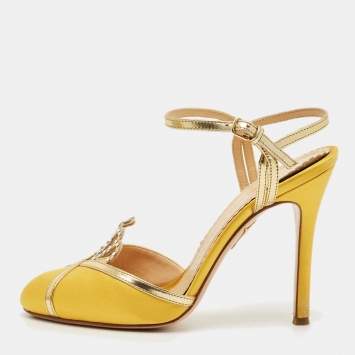 Pre Owned Charlotte Olympia Yellow Leather and Satin Queenie Ankle Strap Pumps Size 36