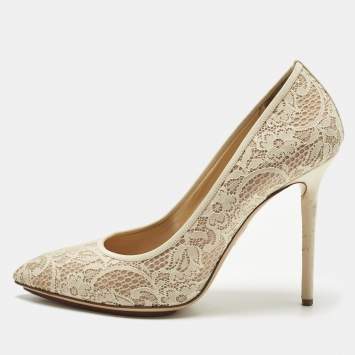 Pre Owned Charlotte Olympia Beige Lace and Mesh Monroe Pointed Toe Pumps Size 41