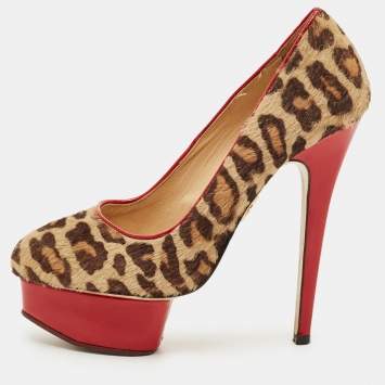 Pre Owned Charlotte Olympia Beige/Brown Calf Hair Polly Platform Pumps Size 36.5