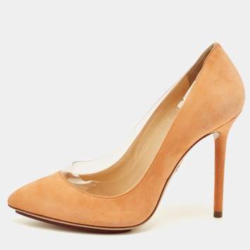 Pre Owned Charlotte Olympia Orange Suede and PVC Dolly Pointed Toe Pumps Size 36.5