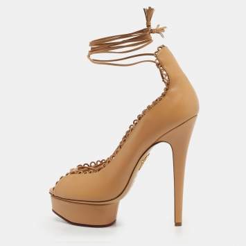 Pre Owned Charlotte Olympia Beige Leather Paloma Platform Pumps Size 40.5